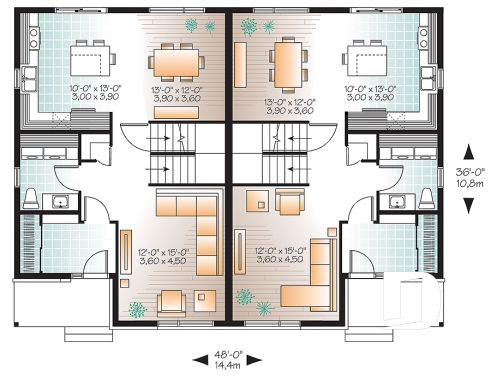 Rez-de-chaussée - Plan de semi-détaché urbain, 3 chambres et 1.5 salles de bain par unité - Stanley