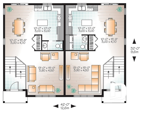 Rez-de-chaussée - Maison jumelée de style champêtre rustique, option 2 ou 3 chambres, salle d'eau au r-d-c - Chambert