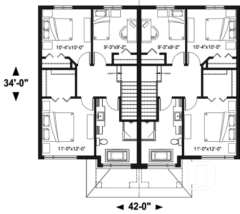 Étage - Plan de jumelé contemporain, 3 à 4 chambres & 1.5 salles de bain par unité, grande cuisine - Charny