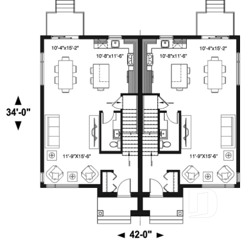 Rez-de-chaussée - Plan de jumelé contemporain, 3 à 4 chambres & 1.5 salles de bain par unité, grande cuisine - Charny