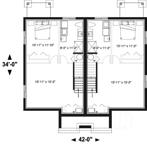 Sous-sol - Plan de jumelé contemporain, 3 à 4 chambres & 1.5 salles de bain par unité, grande cuisine - Charny