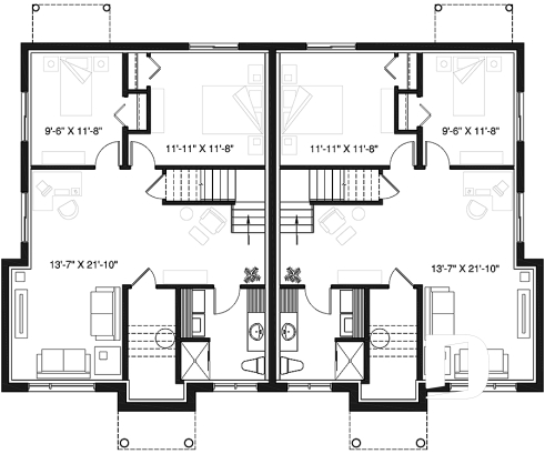 Sous-sol - Plan de maison jumelée moderne, 2 à 4 chambres, 1-2 salles de bain et 1-2 salons par unité, entrée split - Moderna