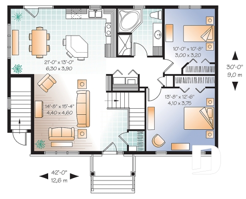 Rez-de-chaussée - Plan de maison plain-pied 3 chambres & 2 salles familiales (proprio) avec appartement au sous-sol de 1 chambre - Aubry 3