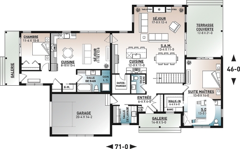 Rez-de-chaussée - Plan de maison bi-génération de style Farmhouse Moderne, avec garage, superbe terrasse abritée - Génération