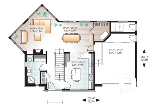 Rez-de-chaussée - Plan de maison contemporaine avec appartement au sous-sol, 3 chambres au propriétaire, plafond 9', garage - Adèle 2