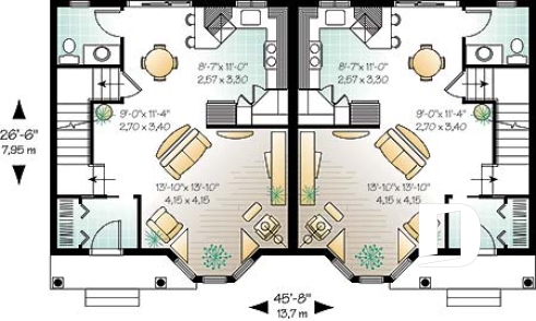 Rez-de-chaussée - Plan de semi-détaché à étage, 2 à 3 chambres, 2 s. de bain, style victorien, belle fenestration, garde-manger - Rosalie