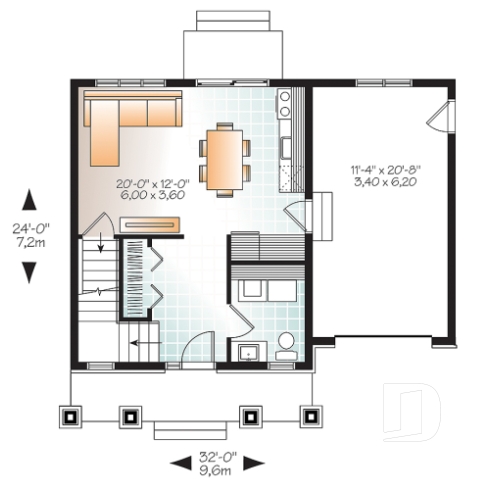 Rez-de-chaussée - Plan de petite maison Farmhouse, 2 chambres de bon format, garage, 1.5 salles de bain, buanderie au rdc. - Delphine