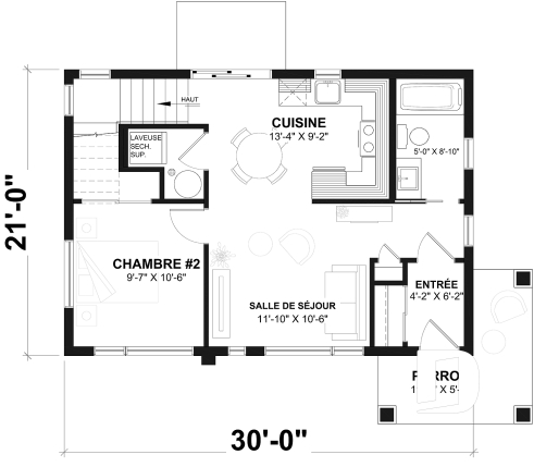 Rez-de-chaussée - Plan de maison moderne compacte avec aire ouverte, suite à l’étage et grande terrasse - Joshua