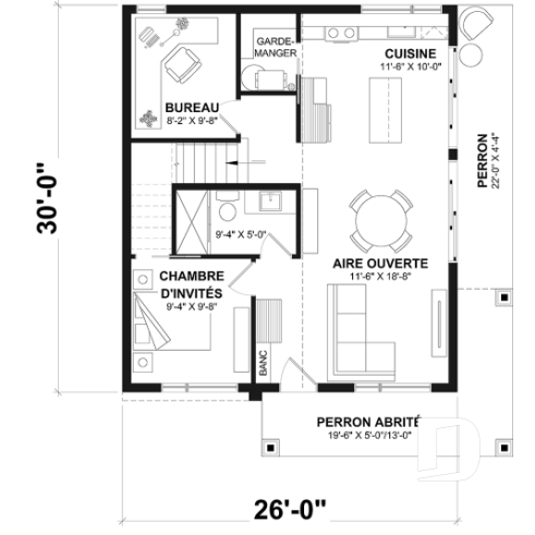 Rez-de-chaussée - Plan de petite maison moderne 2 chambres + bureau, cuisine compacte avec îlot et garde-manger, grande terrace - Joshua 3