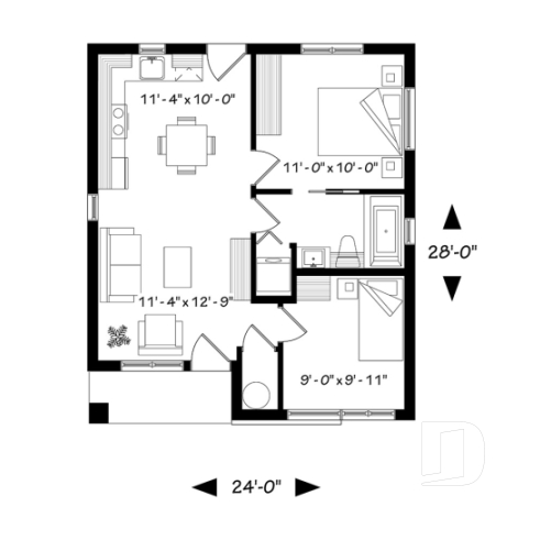 Rez-de-chaussée - Plan de maison économique de style contemporaine avec 2 chambres, plancher à aire ouverte et plafond à 9 pieds - Sanaa