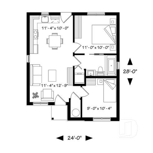 Rez-de-chaussée - Plan de mini-maison moderne, 2 chambres, construction abordable, buanderie, aire ouverte - Foster