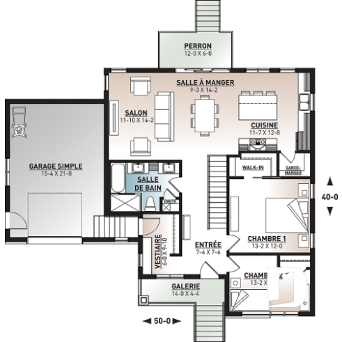 Rez-de-chaussée - Plan de maison contemporaine 2 chambres, garage, vestiaire, garde-manger et aire de vie à l'arrière - Camille 2
