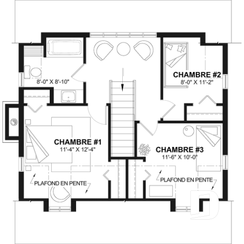 Étage - Plan de maison canadienne 3 chambres, avec lucarnes, foyer au salon, buanderie au premier, boudoir - Acélia