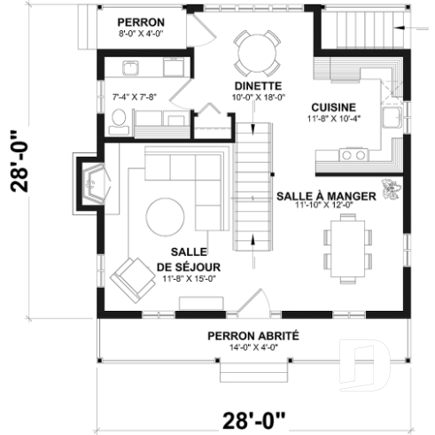Rez-de-chaussée - Plan de maison canadienne 3 chambres, avec lucarnes, foyer au salon, buanderie au premier, boudoir - Acélia