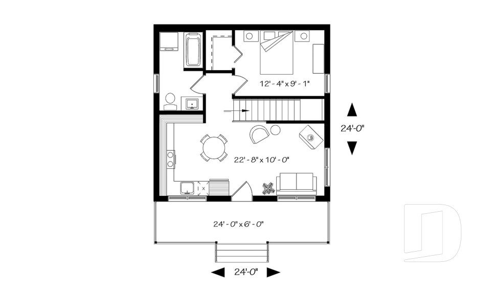 Rez-de-chaussée - Plan de chalet économique avec sous-sol, balcon couvert, une chambre, poêle à bois, cathédral - Le Relais 2
