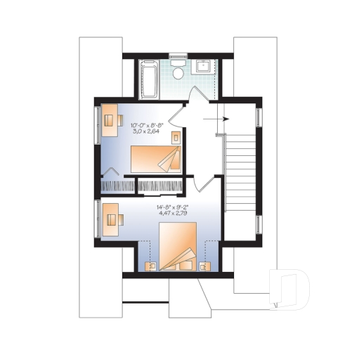 Étage - Plan de mini maison à étage, 2 ou 3 chambres, plafond 9 pieds, espace familial à aire ouverte - Melia