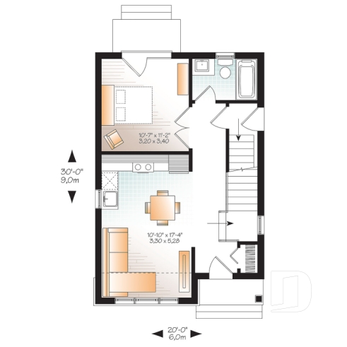 Rez-de-chaussée - Plan de mini maison à étage, 2 ou 3 chambres, plafond 9 pieds, espace familial à aire ouverte - Melia