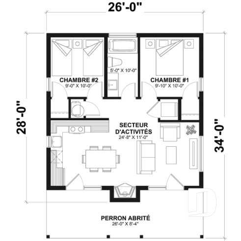 Rez-de-chaussée - Plan de petite maison ou chalet moderne, joli balcon abrité, 2 chambres, foyer central et aire ouverte - Bonzai
