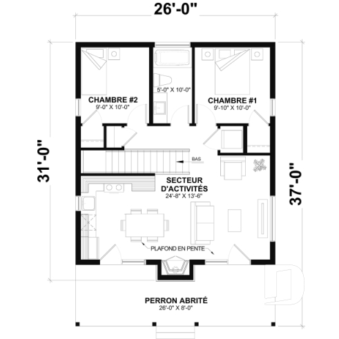 Rez-de-chaussée (Optionel $) - Plan de petite maison ou chalet moderne, joli balcon abrité, 2 chambres, foyer central et aire ouverte - Bonzai