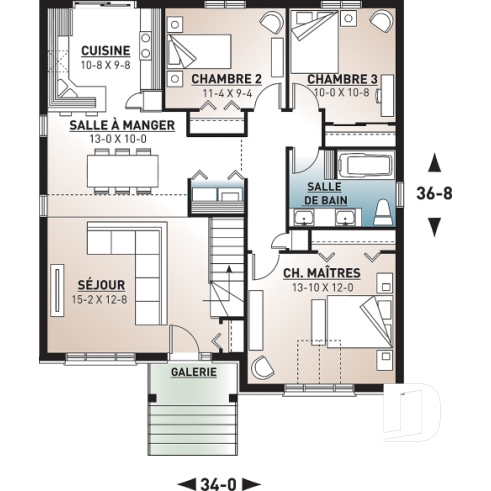 Rez-de-chaussée - Plan plain-pied économique 3 chambres, plafond cathédrale, salle lavage au rez-de-chaussée - Charbonnier