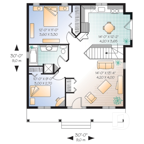 Rez-de-chaussée - Plan de maison abordable 2 chambres, style campagne, galerie avant couverte, aire ouverte, sous-sol à aménager - La Québécoise