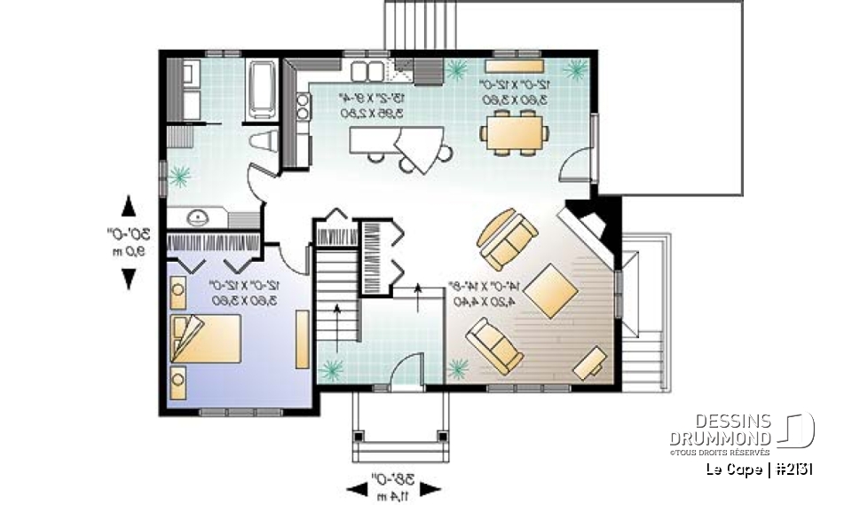 Rez-de-chaussée - Plan de plain-pied champêtre 1 à 3 chambres (2 au s-sol), 2 séjours, foyer, vestibule, accès privé au s-sol - Le Cape