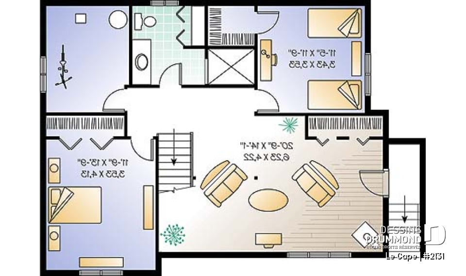 Sous-sol - Plan de plain-pied champêtre 1 à 3 chambres (2 au s-sol), 2 séjours, foyer, vestibule, accès privé au s-sol - Le Cape
