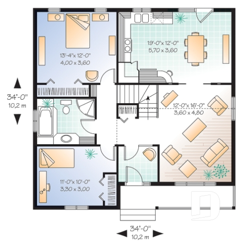 Rez-de-chaussée - Plan d'un bungalow style ranch économique, balcon avant abrité, 2 chambres, plafond cathédrale, rangement - Lamartine 2