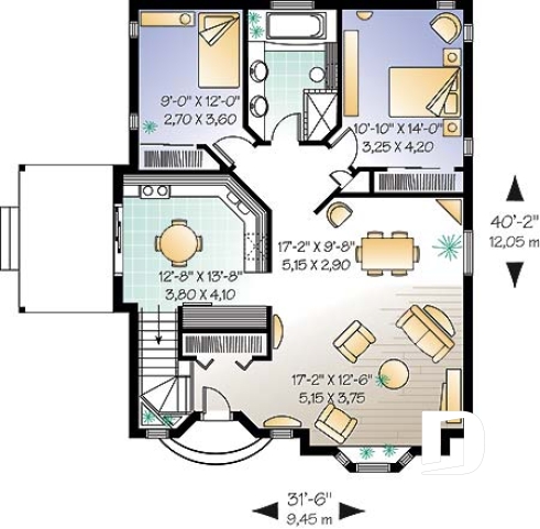 Rez-de-chaussée - Plan de maison plain-pied avec 2 grandes chambres à l'arrière, plafond cathédrale à la cuisine / salon - Ambéline 2