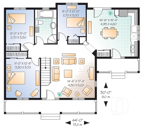 Rez-de-chaussée - Plan de plain-pied 3 chambres au rez-de-chaussée, grande cuisine, grand balcon avant couvert - Mistral