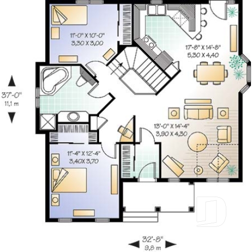 Rez-de-chaussée - Plain-pied économique 2 chambres, plafond cathédrale partiel au salon, espace ouvert, beau style champêtre - Merlin