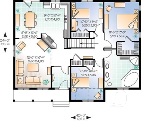Rez-de-chaussée - Plan de Bungalow style Américain, très abordable, 3 chambres, aire ouverte, grande salle de bain, walk-in - Avram 4