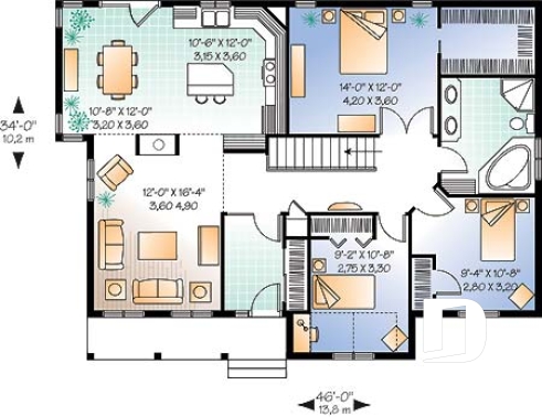Rez-de-chaussée - Plan de maison plain-pied 3 chambres au même niveau, walk-in aux maîtres, foyers 2 faces, plafond 10' au salon - Avram