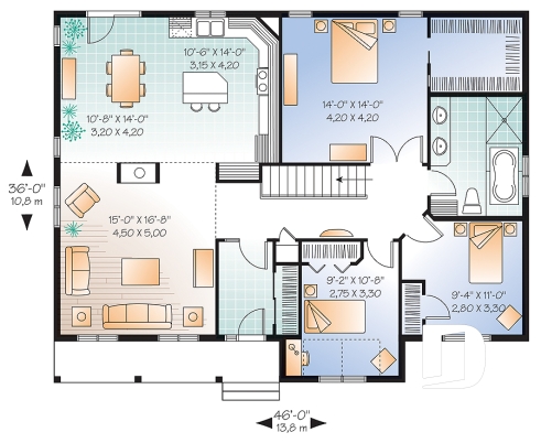 Rez-de-chaussée - Plan de maison d'un plain-pied 3 chambres, foyer central, plafond 10' au salon, sous-sol à aménager - Avram 3