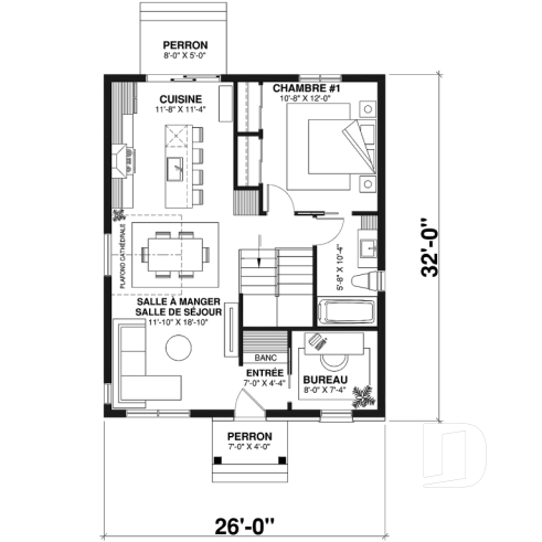 Rez-de-chaussée - Plain-pied abordable offrant un chambre et un grand îlot à la cuisine, fenêtre à arche à la salle à manger - Chauncy