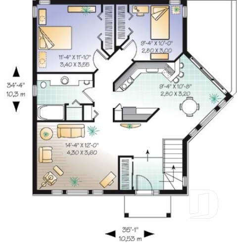 Rez-de-chaussée - Plan de maison plain-pied 2 chambres, salle à manger bien fenêtrée - Porticus