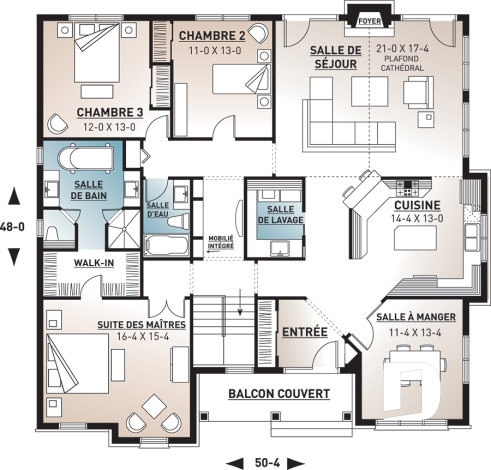 Rez-de-chaussée - Plan de bungalow ranch, 3 chambres, superbe suite des parents, plafond cathédrale au salon, foyer, lumière - Colin