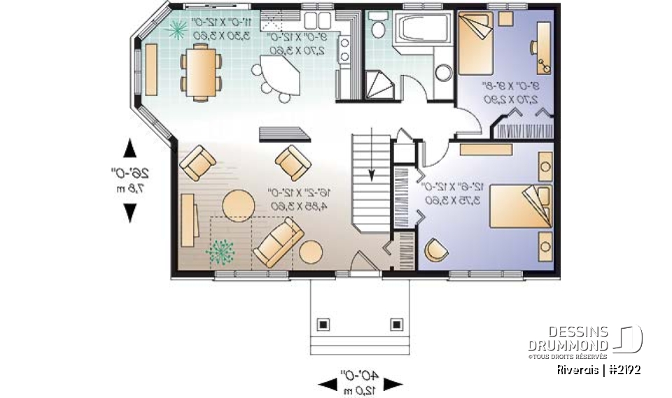 Rez-de-chaussée - Modèle de plan de maison pour petit budget, 2 chambres, salle à manger tout en lumière - Riverais