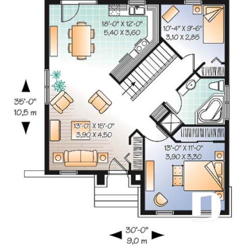 Rez-de-chaussée - Plan de maison 2 chambres de style européen anglais, abordable, sous-sol à aménager selon vos besoin - La Royale