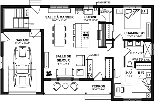 Rez-de-chaussée - Charmant plan de maison plain-pied farmhouse 2 chambres, aire ouverte et grand balcon avant abrité. - Koa