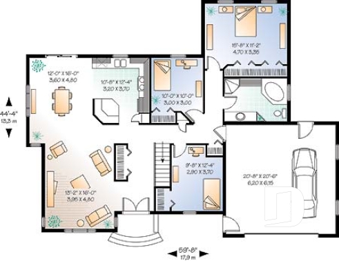 Rez-de-chaussée - Plan de bungalow confortable, 3 chambres (ou 2 chambres + bureau), garage double - Faubert