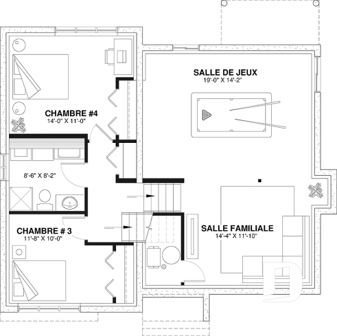 Sous-sol aménagé - Plan de maison moderne 2 à 4 chambres, 2 salles de séjour, plafond cathédrale, garde-manger et vestiaire - Ramsay