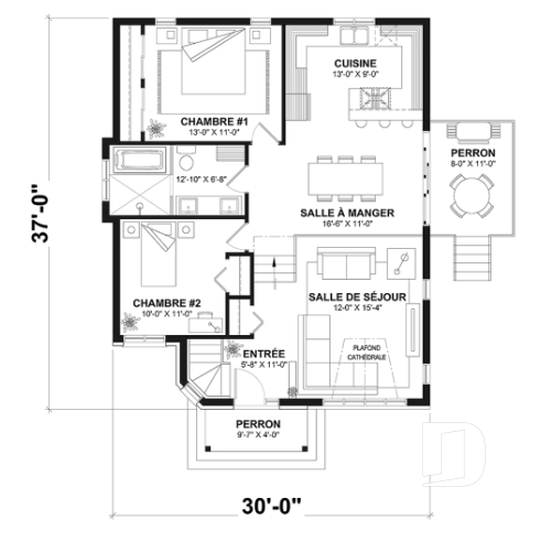 Rez-de-chaussée - Plan maison contemporaine 2 chambres, abordable, grand salon, salle de bain accessible de la chambre parents - Isaie