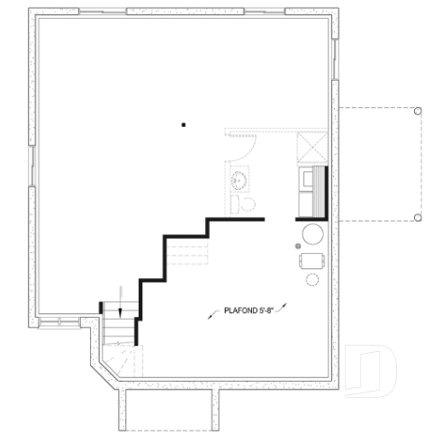 Sous-sol aménageable - Plan maison contemporaine 2 chambres, abordable, grand salon, salle de bain accessible de la chambre parents - Isaie