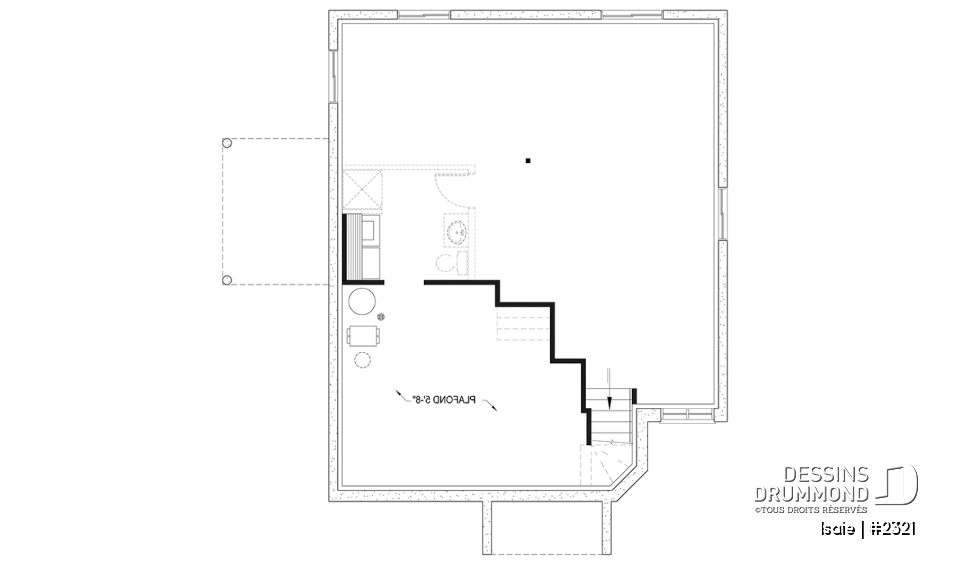 Sous-sol aménageable - Plan maison contemporaine 2 chambres, abordable, grand salon, salle de bain accessible de la chambre parents - Isaie