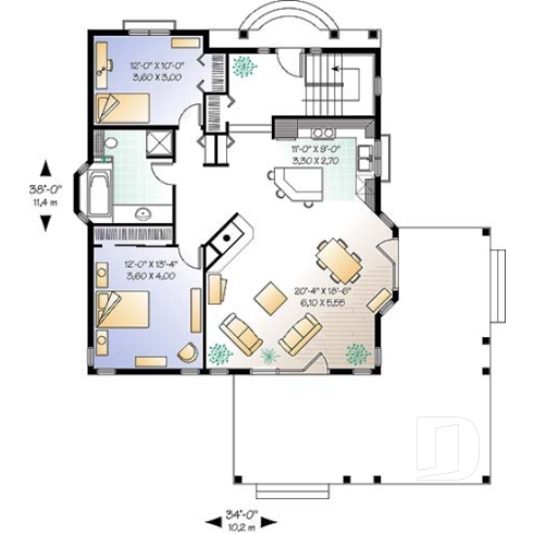 Rez-de-chaussée - Plan de bungalow lumineux, foyer central, cuisine avec îlot, pergola - Golf