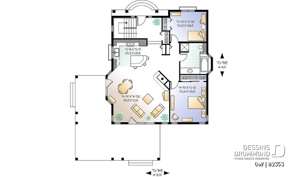Rez-de-chaussée - Plan de bungalow lumineux, foyer central, cuisine avec îlot, pergola - Golf