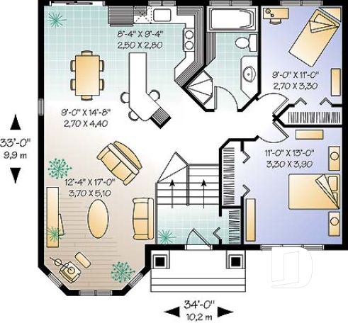 Rez-de-chaussée - Plan de petite maison à entrée split avec salle de séjour tout en lumière, cuisine avec îlot, 2 chambres - Irène