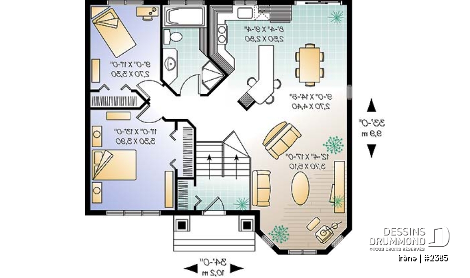 Rez-de-chaussée - Plan de petite maison à entrée split avec salle de séjour tout en lumière, cuisine avec îlot, 2 chambres - Irène