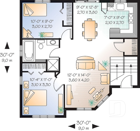Rez-de-chaussée - Plan de maison split level, 2 chambres, garde-robe à l'entrée, espace ouvert, coût abordable - Roussillon